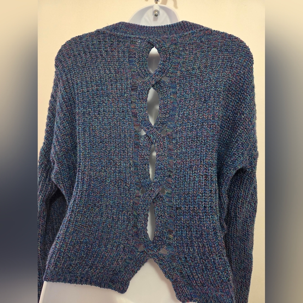 Express Women's Blue Rainbow Chunky Knit Sweater Cross Back XS